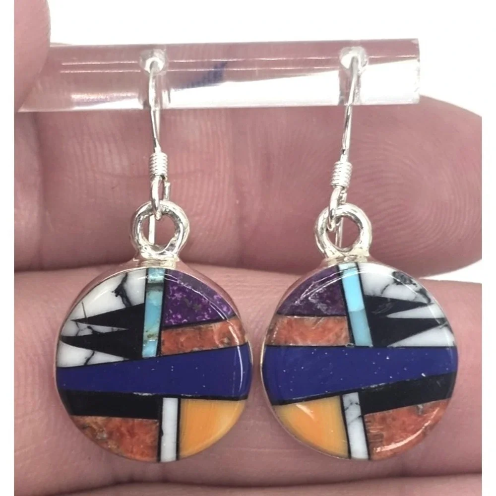 Multi-Gemstone Round Earrings Dangles‎ Sterling Silver 925 Round Signed SM NWOT